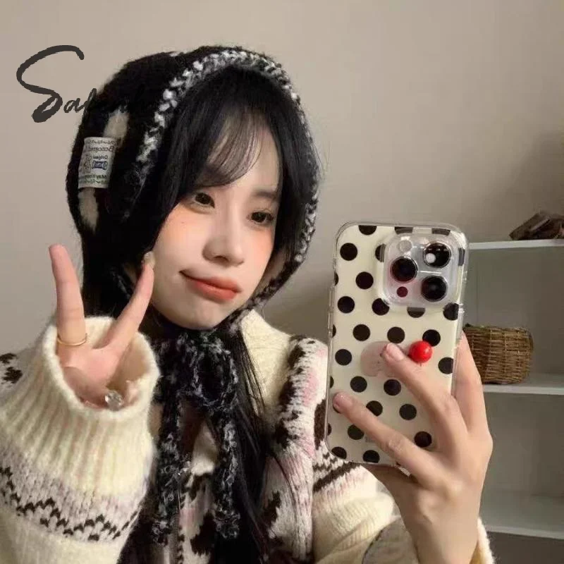 Womens Cute Polka Dot Fuzzy Knit Ear Flap Hat Soft Warm Fabric Adjustable Tie Strings For Winter Daily Wear Outdoor Activities
