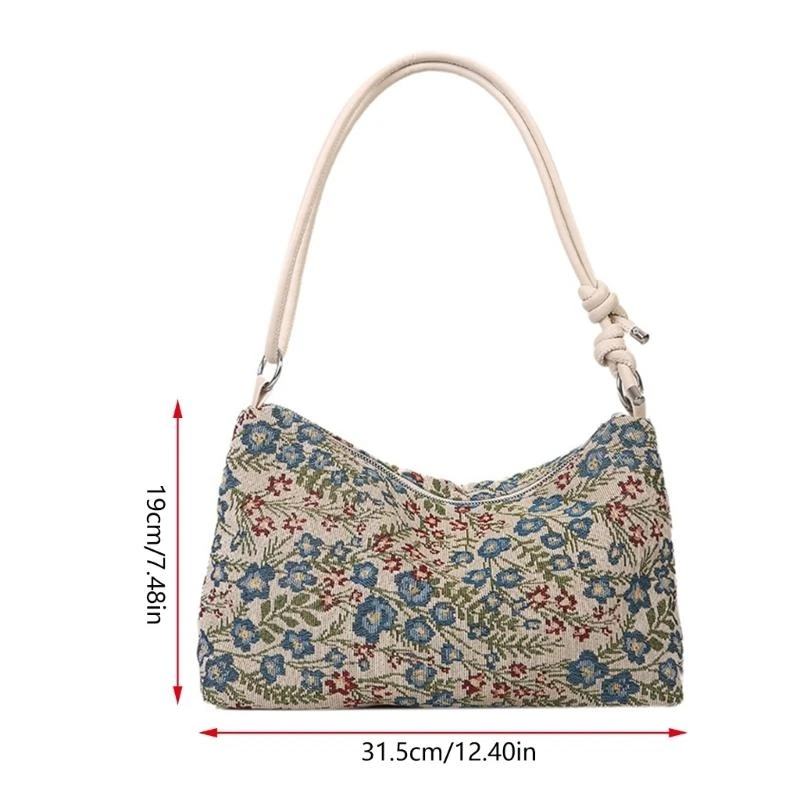 

G5AE Women Ethnic Flower Shoulder Underarm Bag Korean Vintage Zippered Crossbody Bag