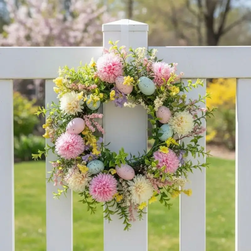 QX2E Easter Door Wreath With Artificial Eggs Chrysanthemum Flower Decoration Garland For Home Spring Party Celebration