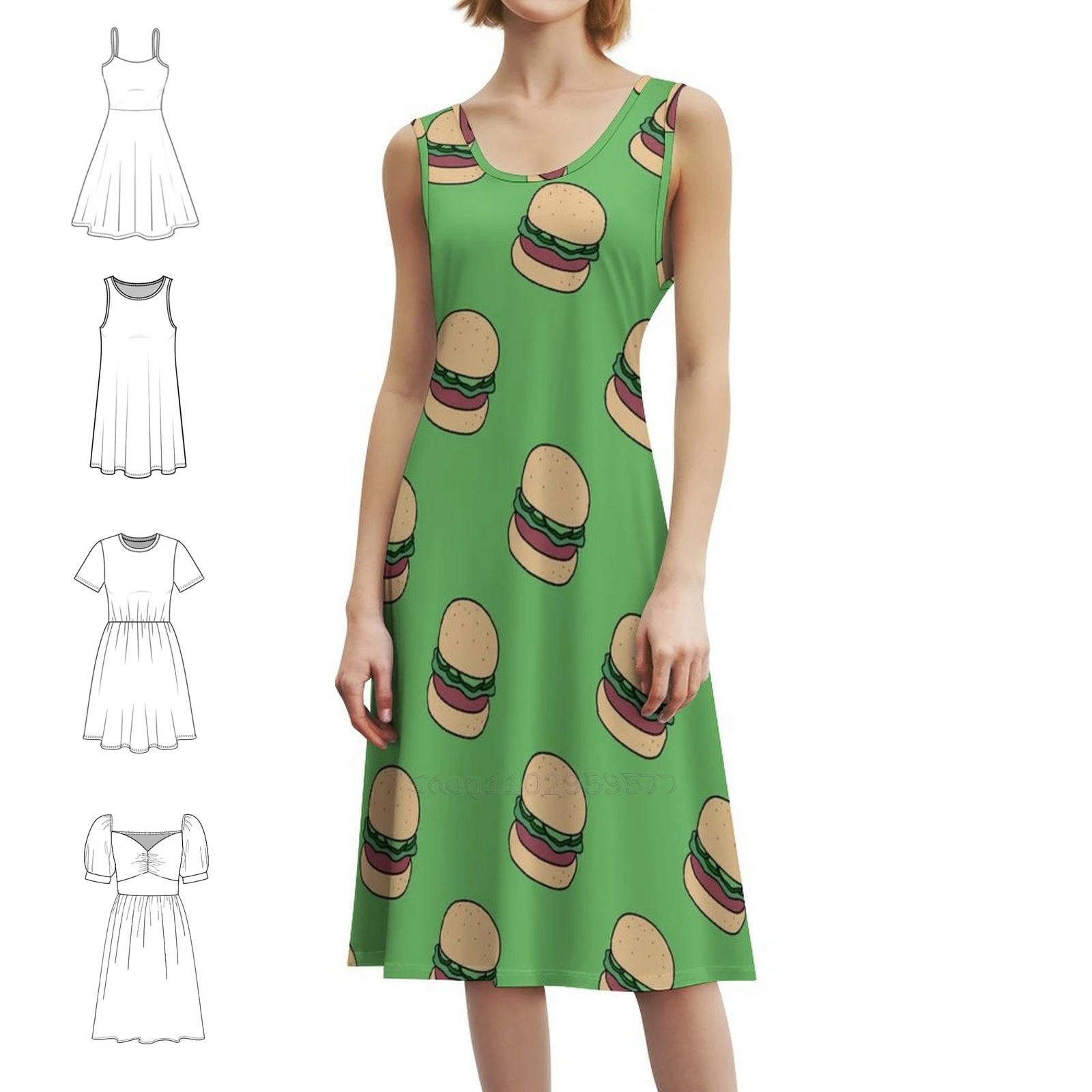 فستان بوهيمي بدون أكمام بنمط برجر أخضر للنساء مطبوع عليه فساتين حفلات الشاطئ همبرغر همبرغر برجر برغر للسهرات