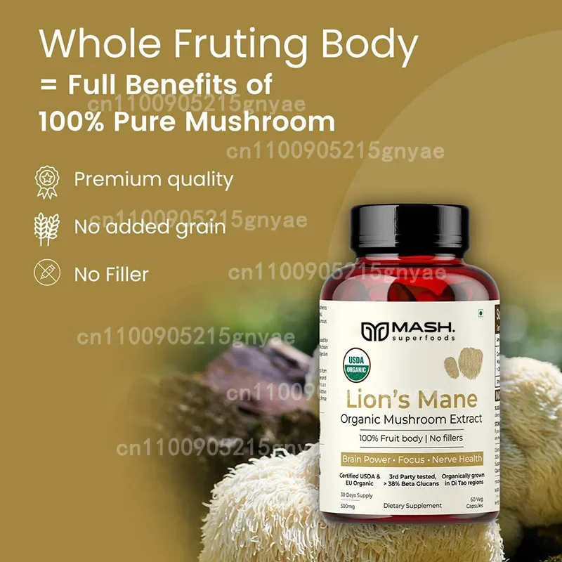 Organic Lion Mane Capsules 5400mg, Ginkgo Biloba Leaves 120mg for Cognitive Function, Psychological Clarity, Focus, and Memory