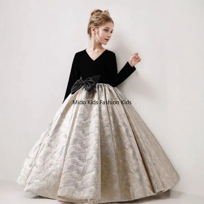Children's Formal Wear   New Collection Black Long-Sleeved Dress Older Girls Modelled  Piano Recitals Children's Formal Attire