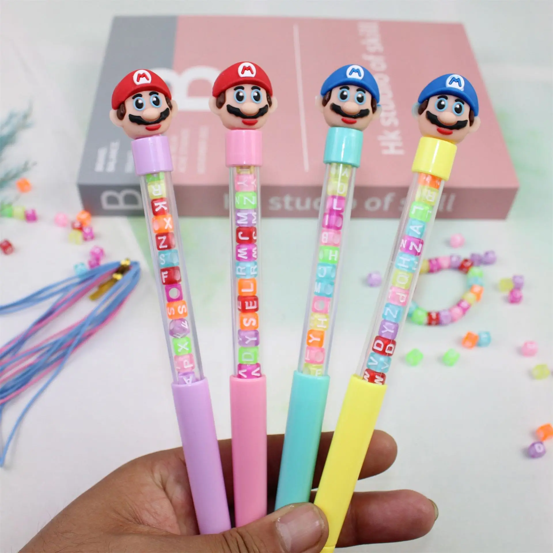 4pcs Cartoon Neutral Pen Student Reward Pen Handmade DIY Bead Pen Can be Beaded Dice Pen Stationery Learning Supplies Gifts 