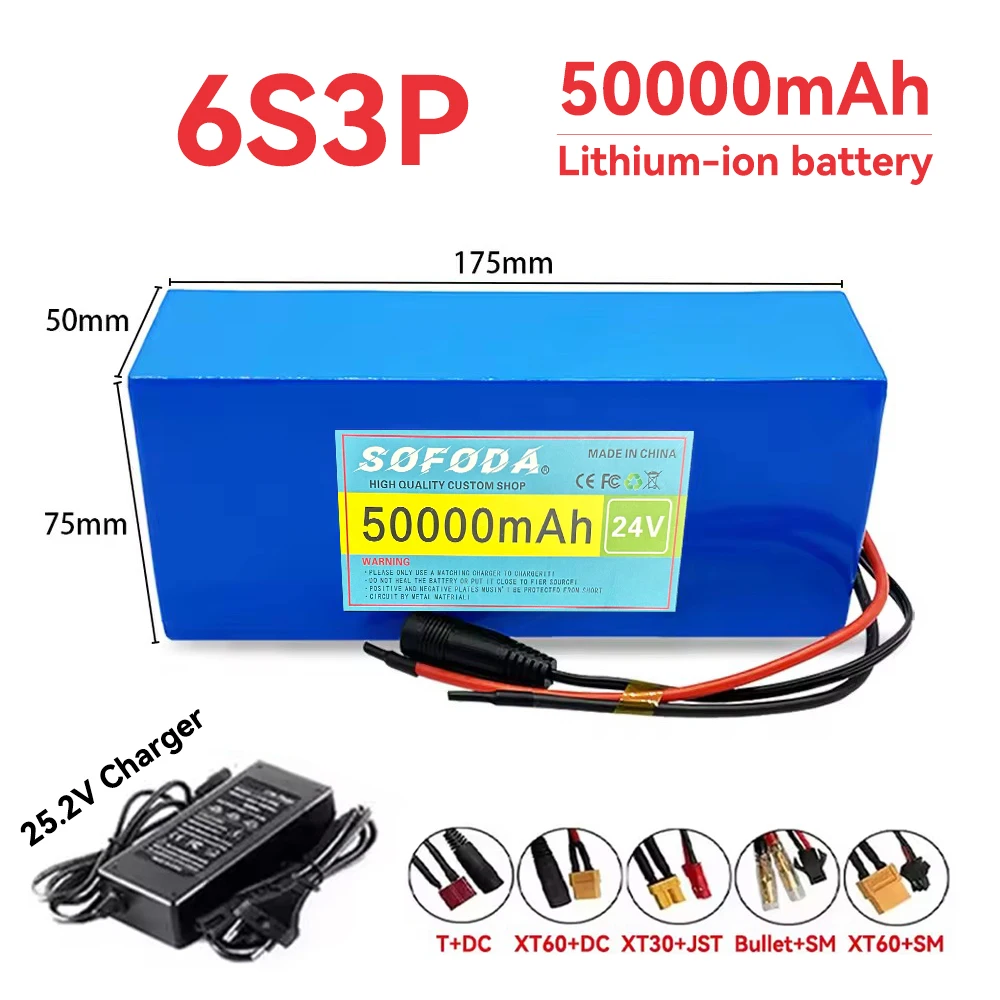 Large capacity 24V 50Ah 18650 lithium battery 24V 50000mAh lithium-ion battery pack with built-in protection board，with charger