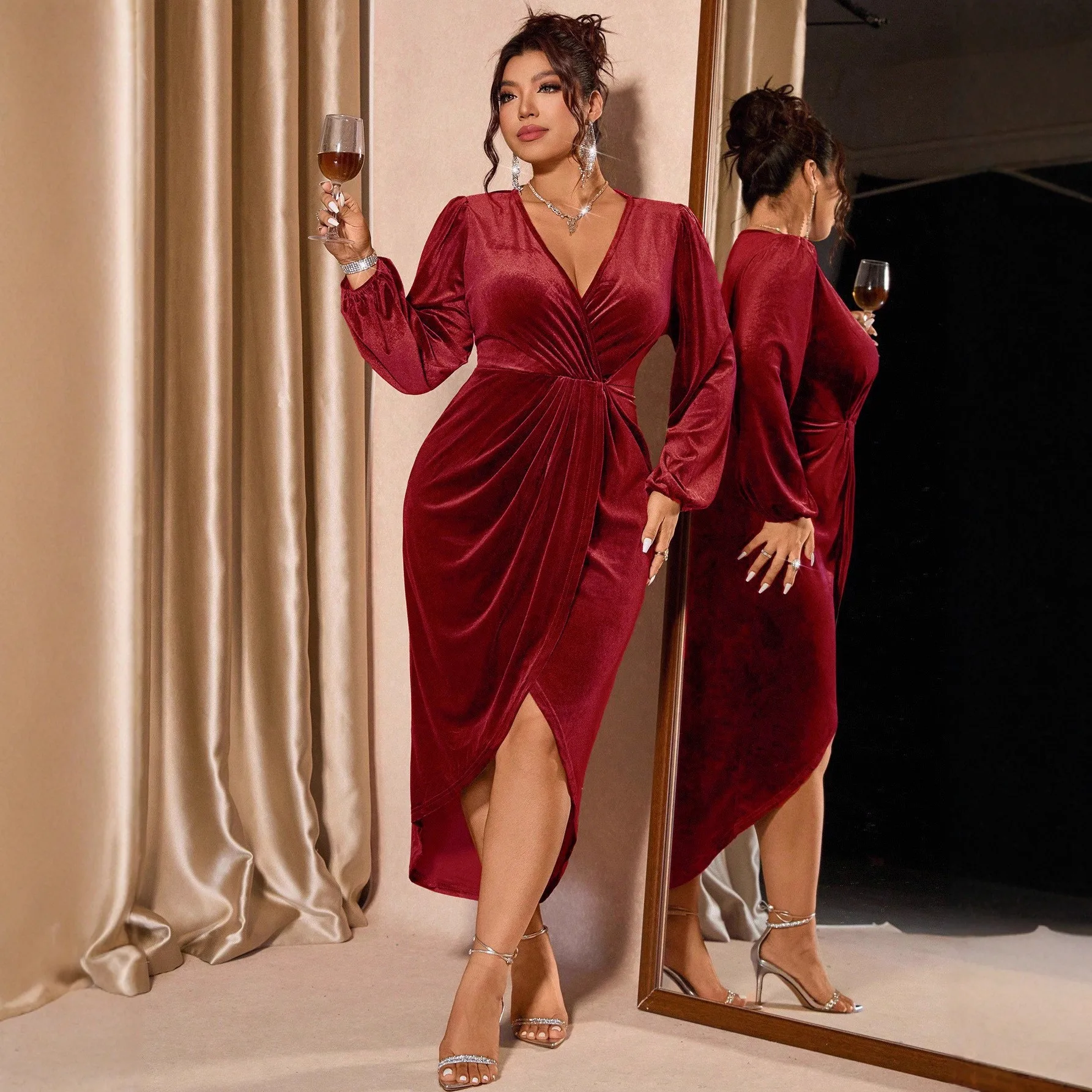 Women's Elegant A-Line V-Neck Velvet Midi Dress with Slit Long Lantern Sleeves for Wedding Guest Party Prom Wedding Party