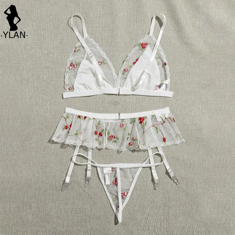 Female Underwear 3pcs Bralette Set Sensual Lingerie Woman Floral Embroidered Underwear Set French Triangle Cup Bra and Panty Set