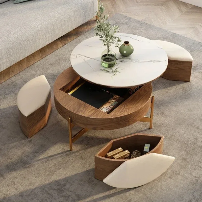 Japanese Style Log Style Stone Plate Lifting Coffee Table New Simple Living Room Small Apartment round Multi-Functional