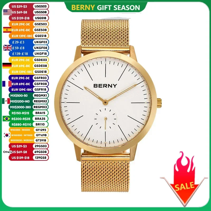 BERNY Gold Watches for Men Luminous Ultra thin Luxury Quartz Men\'s watch Full Stainless Steel Fashion Casual 42mm Wristwatch