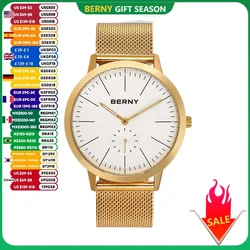 BERNY Gold Watches for Men Luminous Ultra thin Luxury Quartz Men's watch Full Stainless Steel Fashion Casual 42mm Wristwatch