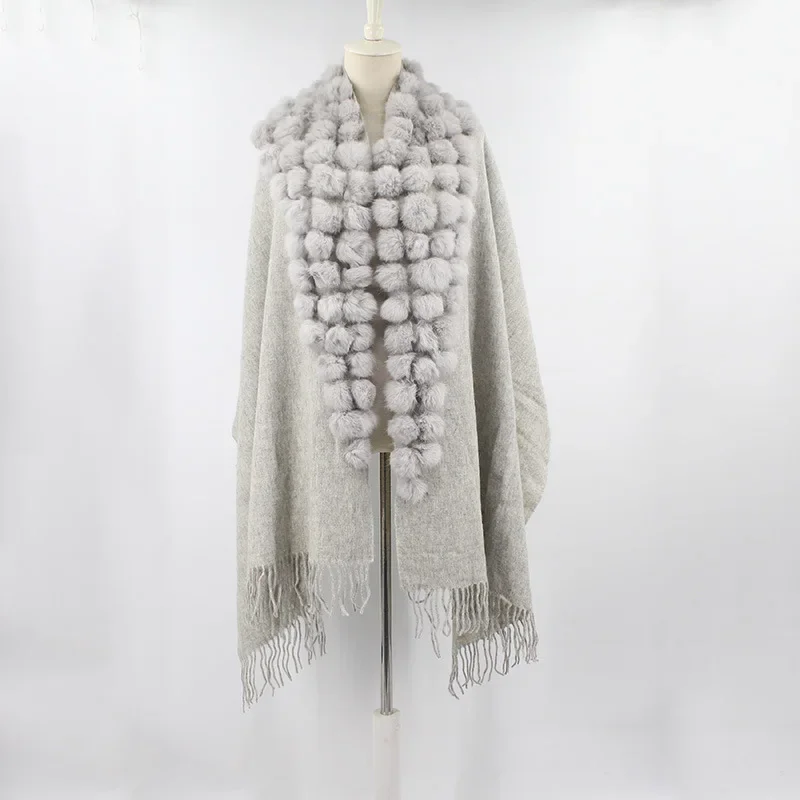 

Mother's Gift Triangle Pompon Warm Loose Long Poncho Cloak Women Cashmere Shawl Cape Real Rabbit Fur Ball Tassel Out Streetwear