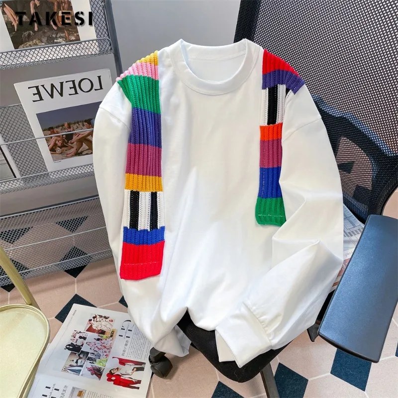 

2024 Spring Casual Patchwork Knitting Long Sleeve Round Neck T-Shirts Women's Fashion All-Match Style Y2K Young Tees Tops