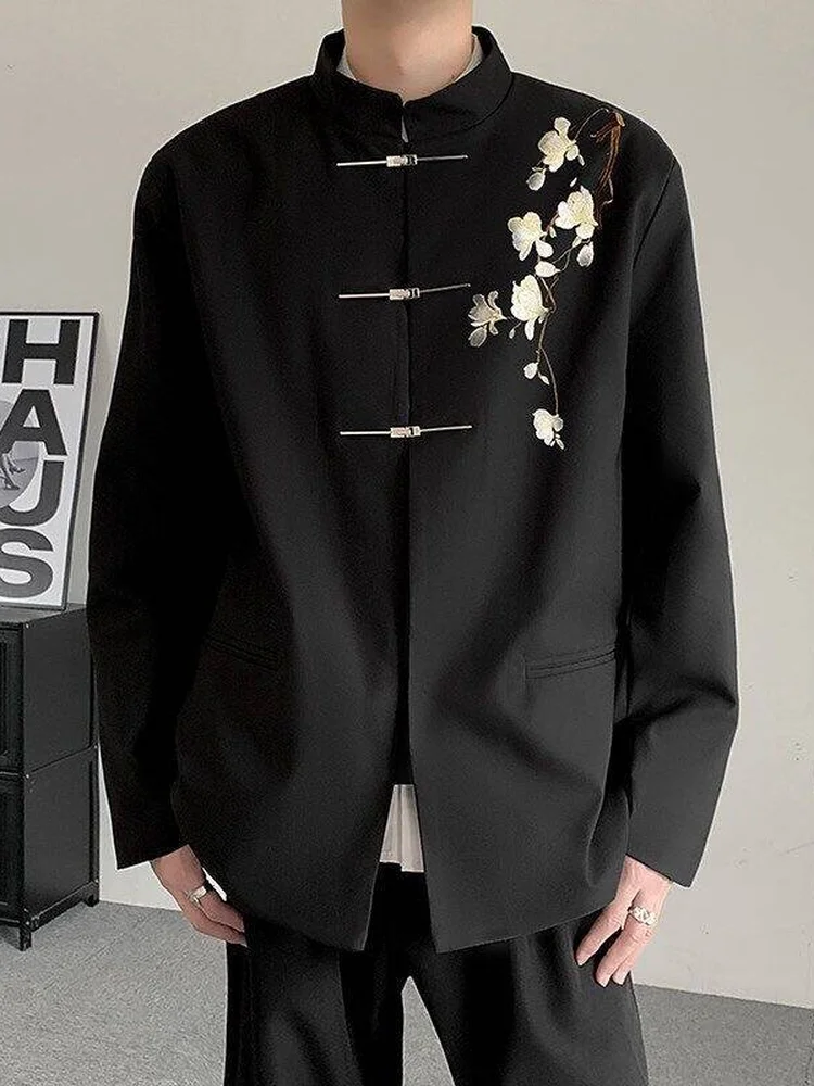 ชุดสูทแต่งงานผู้ชายสไตล์จีนแบบใหม่ ปักลายดอกแมกโนเลียสีขาว แจ็คเก็ตสไตล์ลำลองแบบตะวันตก สำหรับงานหมั้นและงานแต่งงาน