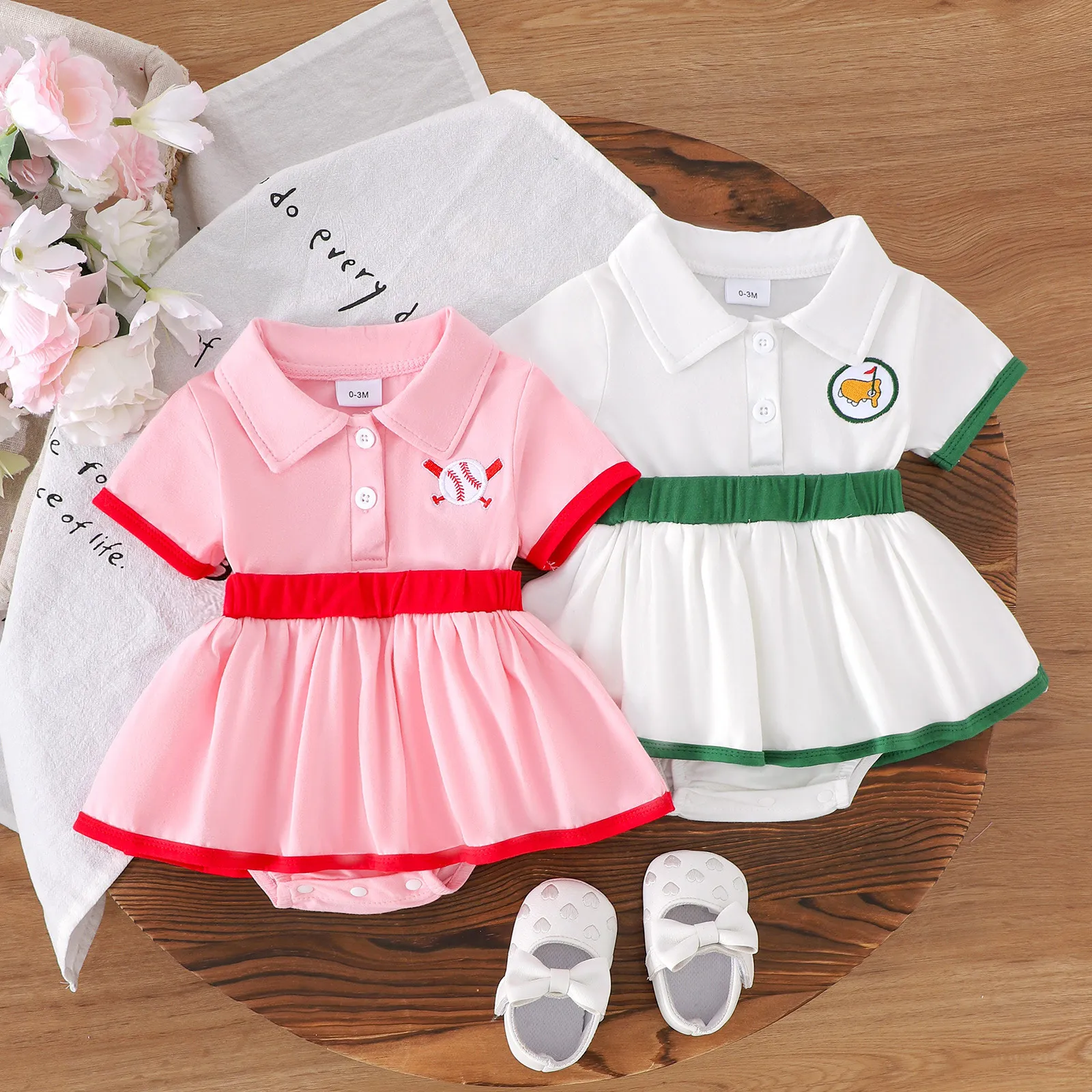 

Костюм с вышивкой в ​​стиле гольфа и бейсбола для маленьких девочек, летний комбинезон с короткими рукавами и эластичной резинкой на талии, платье, одежда для фотосессии