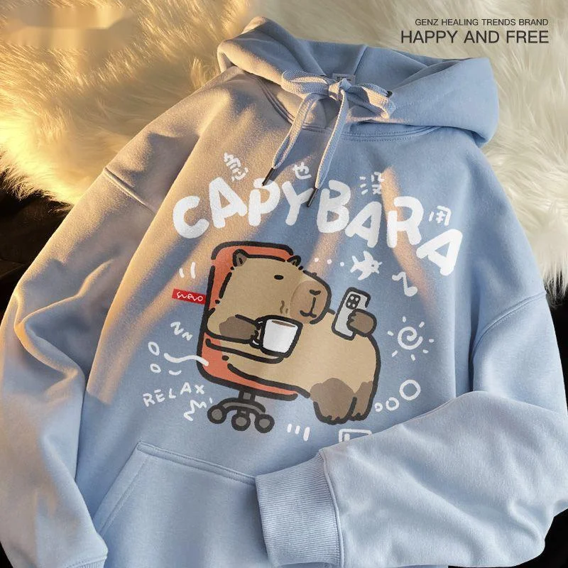 Kapibara Cute Fleece Hooded Pullover Sweatshirt Trendy Couple's Autumn-Winter Warm Sweatshirts Stylish Casual Loose-Fitting Top