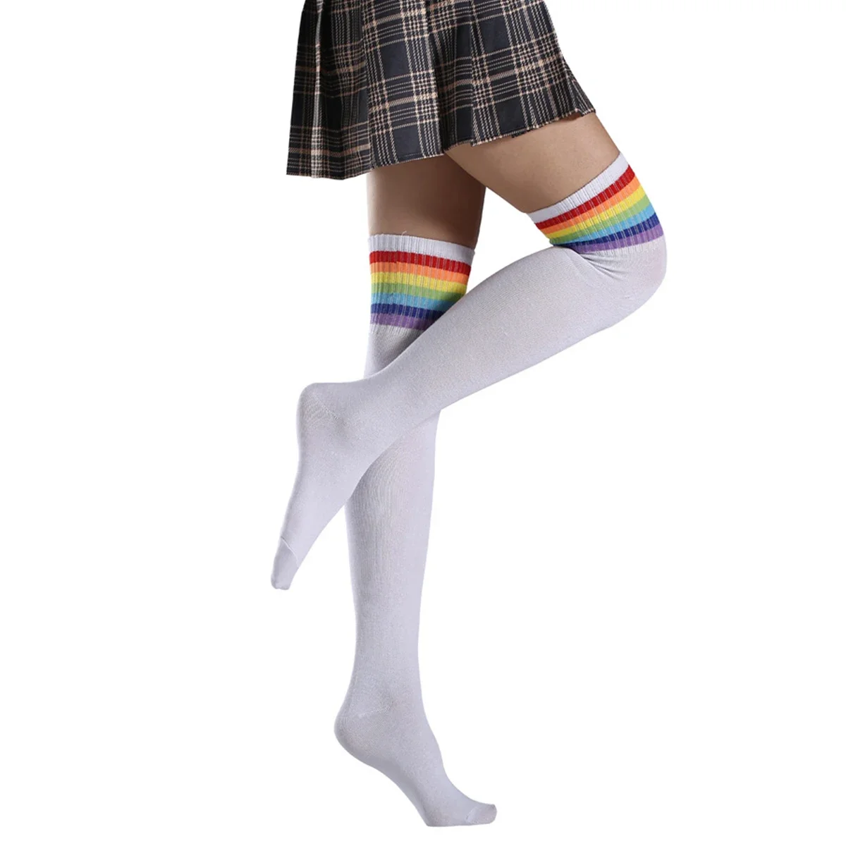 

1 Pair of High Rubber Band Rainbow Long Tube Students Knee Socks Colorful Stretch Version