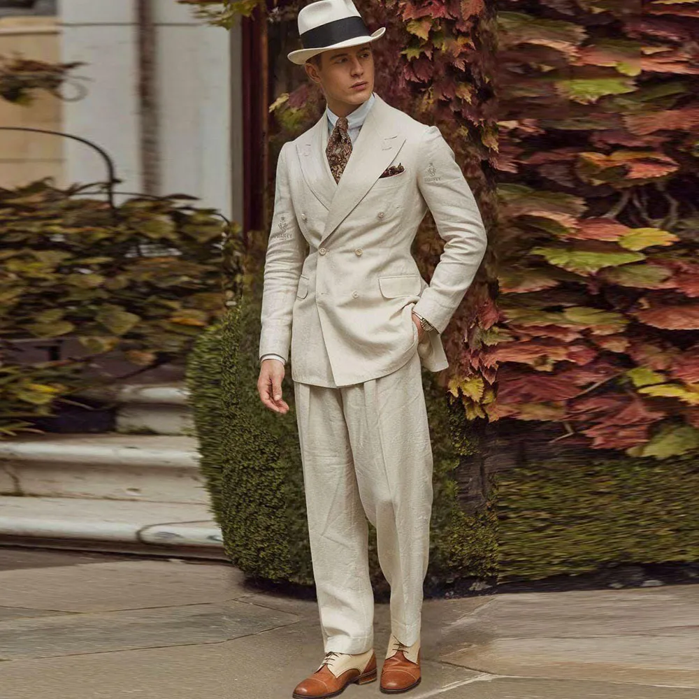 

Linen Fabric Men Suits High Quality Banquet Peak Lapel Formal Occasion Customize 2 Pieces Jacket Pant Male Clothing Fashion