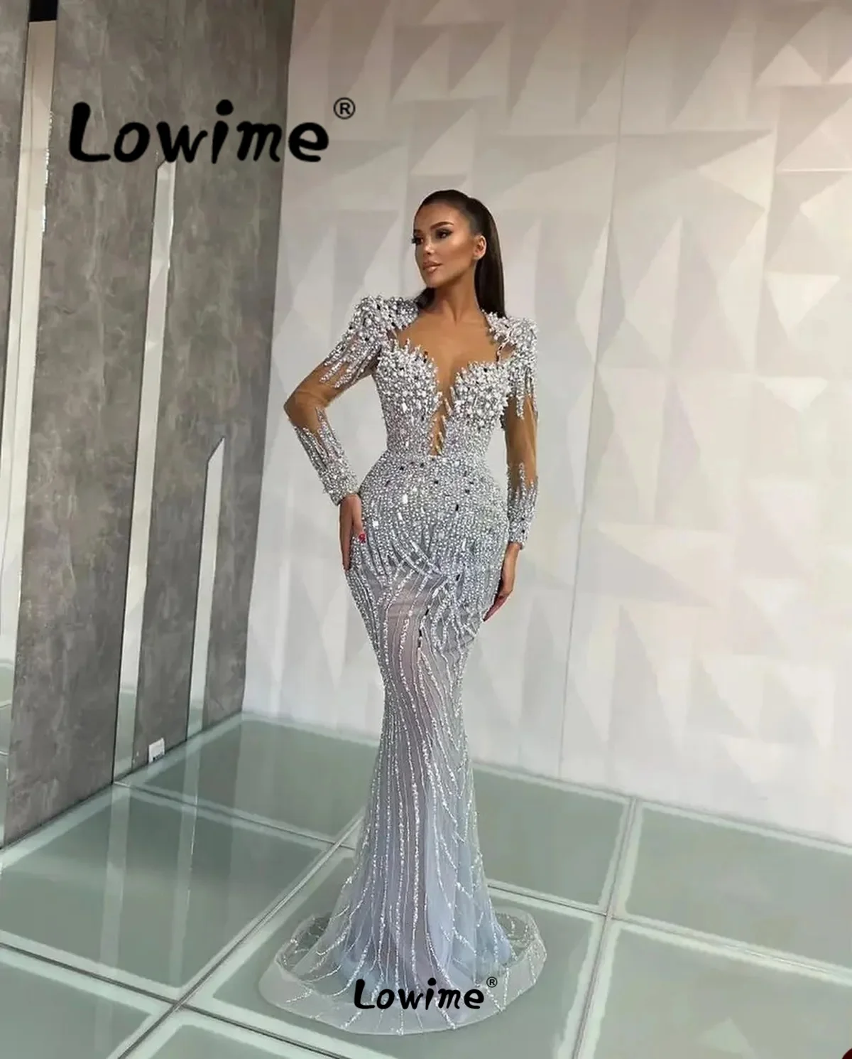 Gorgeous Silver Mermaid Evening Dress Long Sleeve Pearl Crystals Formal Arabic Prom Dresses Custom Made Wedding Party Dress Robe