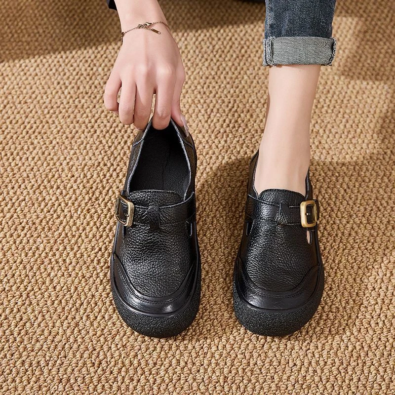 Original Natural Leather Shoes for Women Vintage Comfort Round Toe Buckl Flats Woman Slip On Orthopedic Loafers Ladies Moccasins