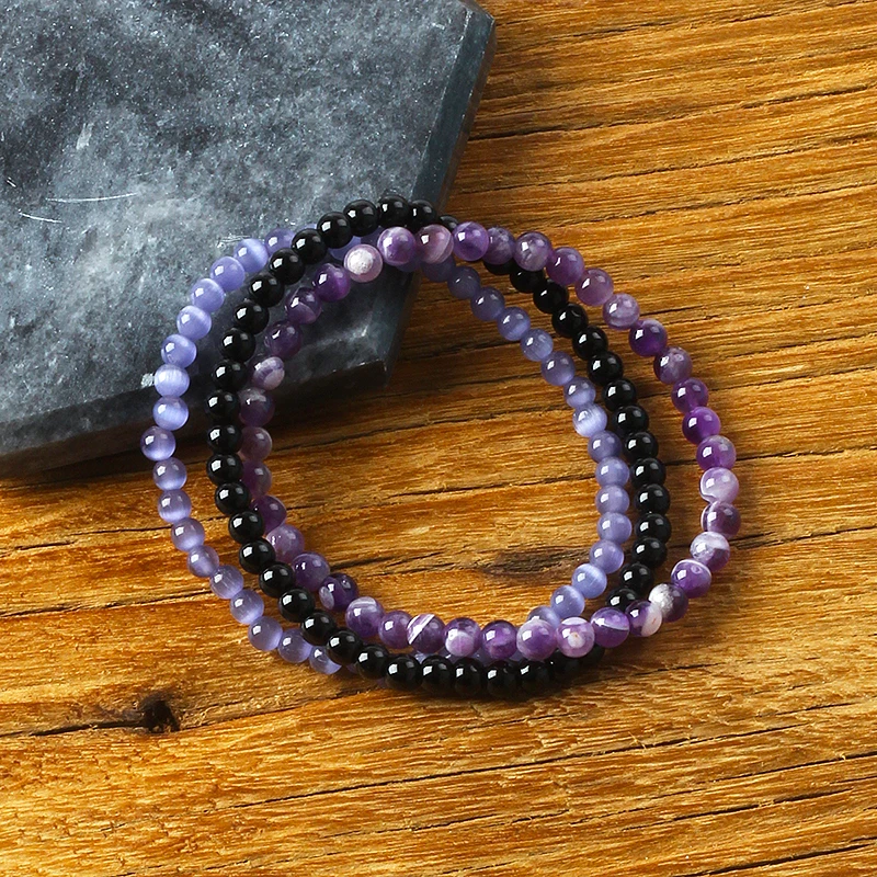 

4MM Reiki Amethyst Cat's Eye Beads Bracelets Women Girl Stretch Bracelet Wholesale Tiny Bangles Handmade Simple Jewelry
