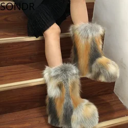 Womens Round Toe Mid Calf Boots Real Sliver Fox Fur Furry Hidden Heel Warm Winter Snow Shoes Custom Made Colors