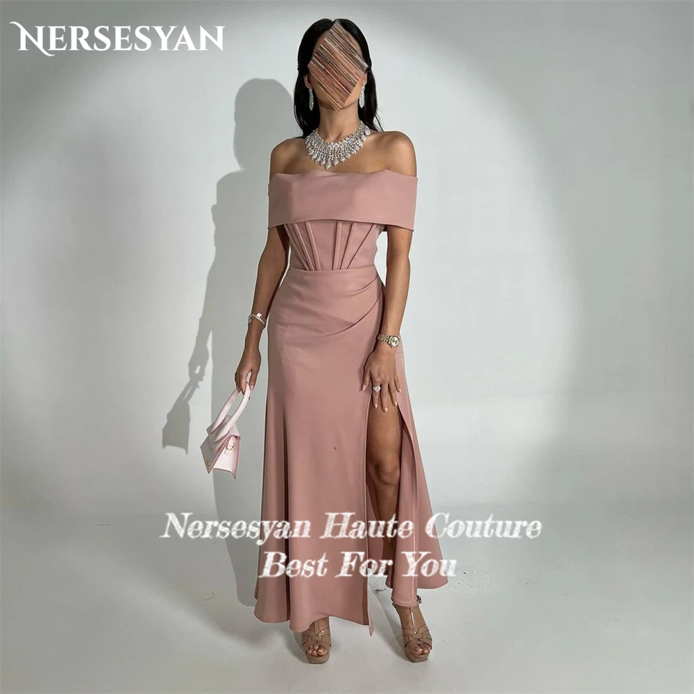 Nersesyan Simple Satin Formal Evening Dresses Off Shoulder Backless Bones Corset Side Slit Prom Dress Bridesmaid Party Gowns