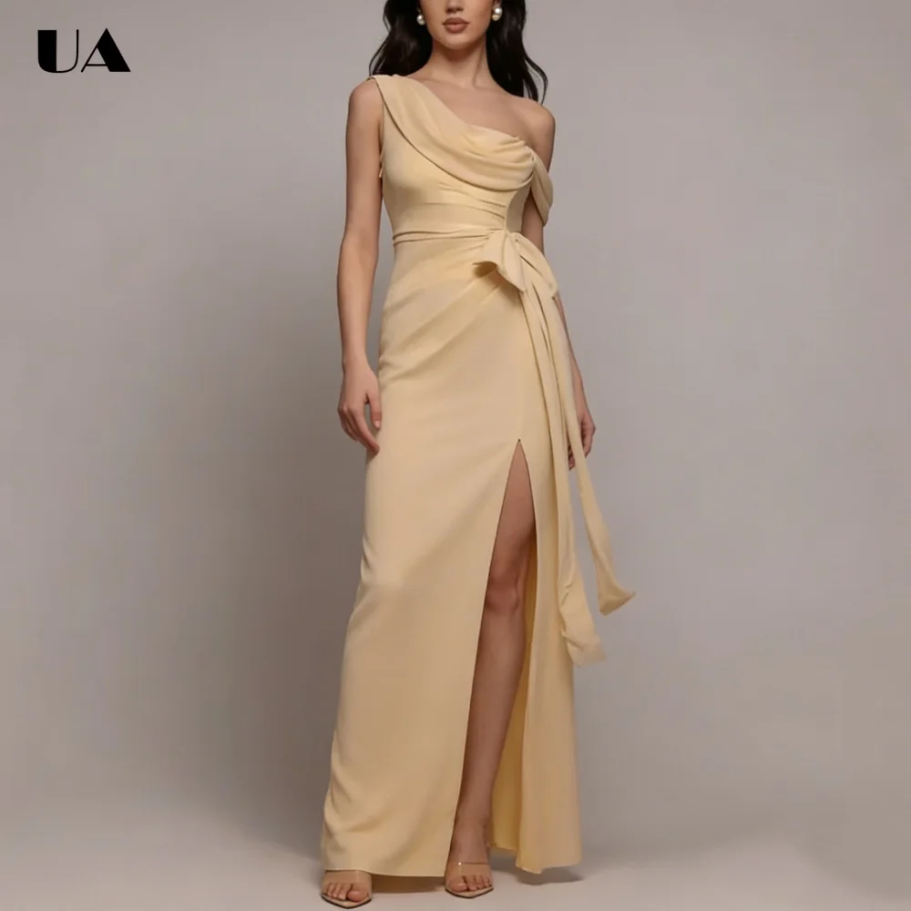 

ULBYANRY Customized Chiffon Asymmtrical Neck Prom Dress for Woman, Elegant Draped Bow Evening Dress, Trendy Highslit Party Dress