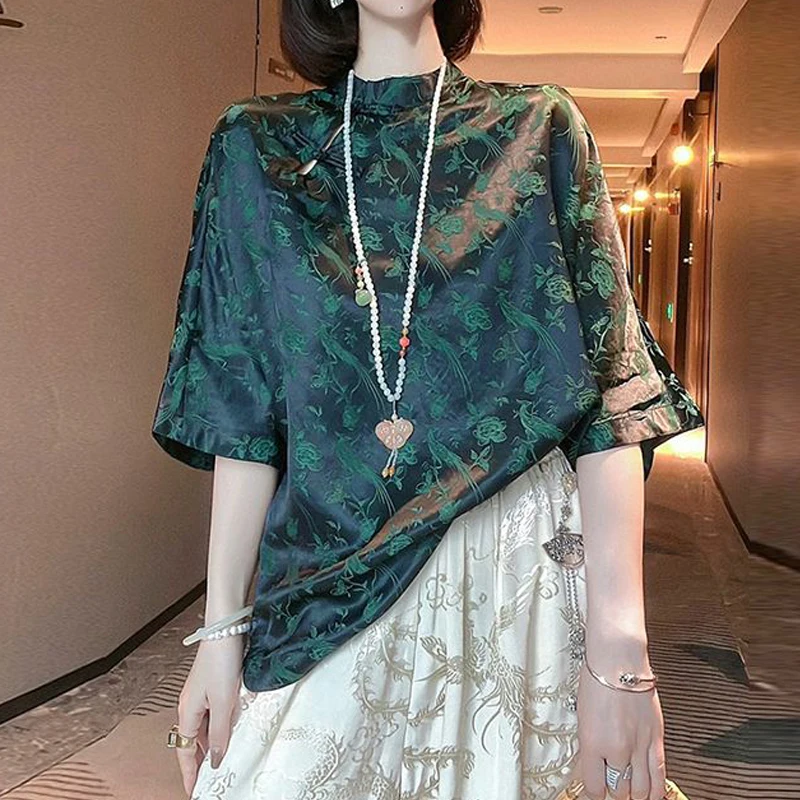 2024 Women Vintage Chinese Style Button Silk Blouses High Quality Elegant Stand Collar Shirts Hollow 3/4 Sleeve Loose Tunic Tops