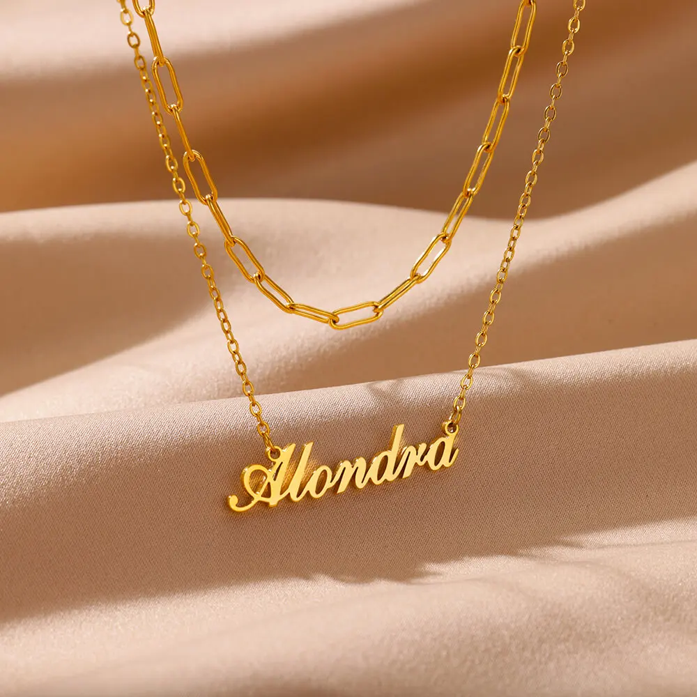 Custom Name Necklace For Women Stainless Steel Gold Color Double Chain Personalized Name Necklace Birthday Party Jewelry Gift