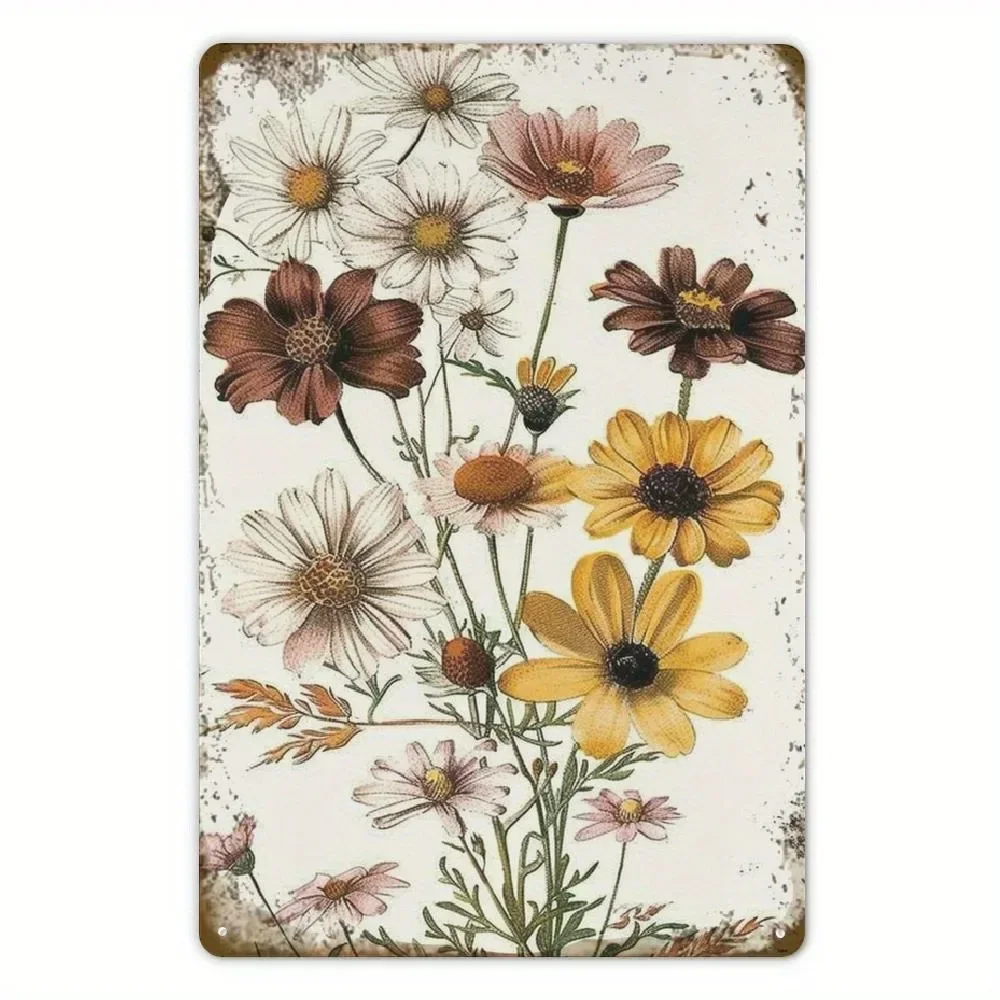 （2D Tin painting）Vintage Garden Flowers Tin Sign, Rustic Daisy Wall Art for Farmhouse, Home and Cafe Decor, 8x12 Inch