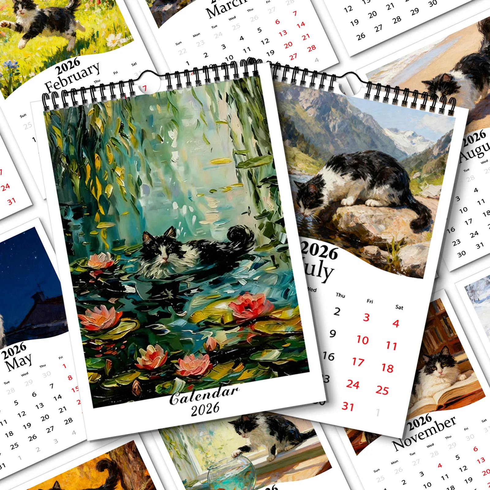 

1PC 2026 Wall Calendar,Monet-Style Cats,Perfect for Home & Office Decor,Christmas,New Year Gift, Highquality Print,Wall Calendar