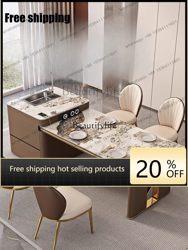 hot Solid wood light luxury rock slab island table dining table multi-functional cooking bar tableFactory Direct