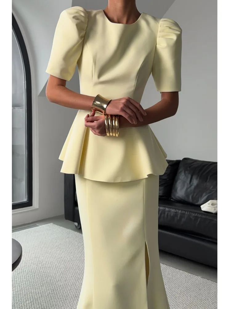 DFDG Women 2026 Spring Summer Two Piece Puff Sleeve Peplum Blouse High Waist Slit Mermaid Skirt Elegant Formal Evening Set view 4