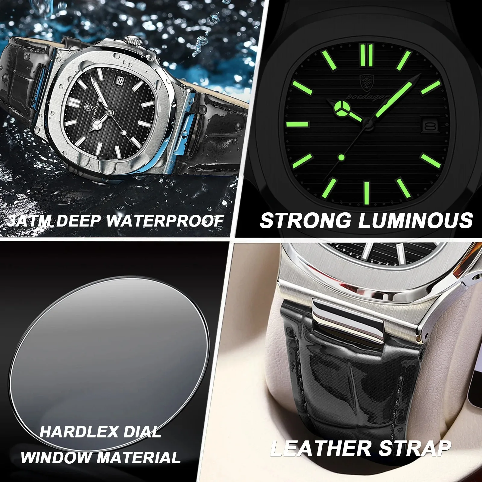 Nieuwe Business Lederen Casual Man Mode Quartz Horloges Vierkante Klok Mannen Luxe Horloge Automatische Horloges Heren Reloj Hombre