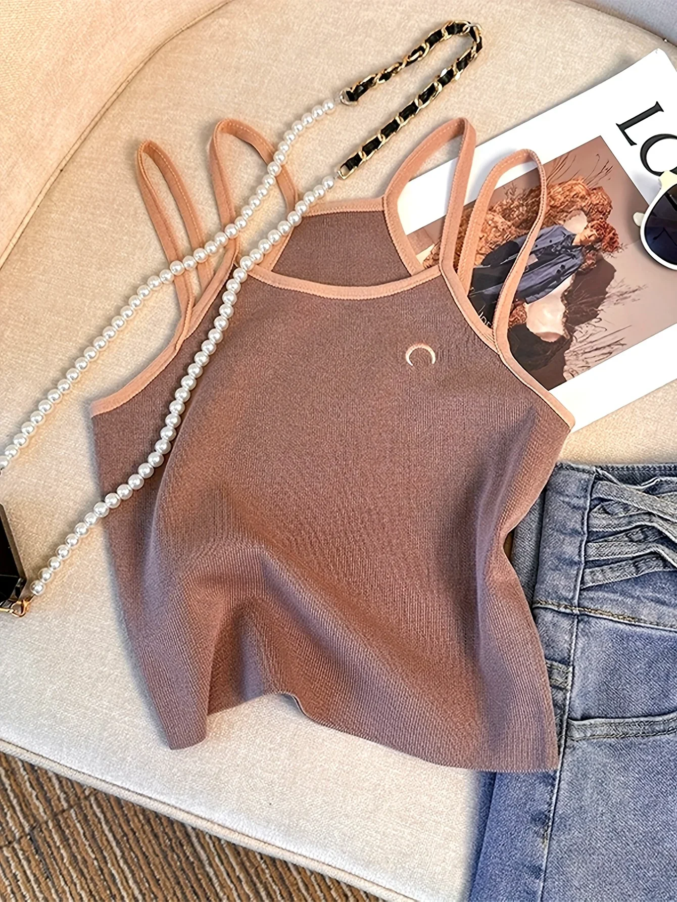 

Contast Color double shoulder strap top summer casual sleeveless camisole Crop top For women's clothing