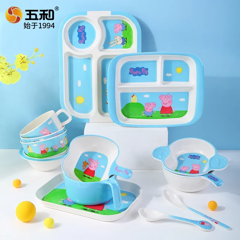 Peppa Pig Children‘s Tableware Soup Bowl Anti Fall Dinner Plate Cartoon Divided Dinnerware BPA-Free Food Plate Bowl Cup Spoon