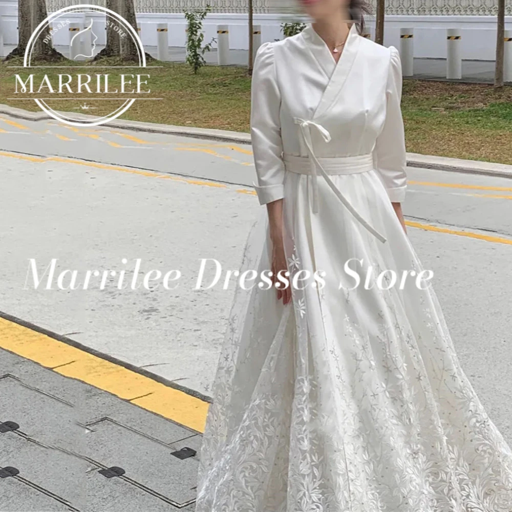 Marrilee 여성용 맞춤형 A 라인 웨딩 활 벨트, 부드러운 새틴 반팔 탑 신부 드레싱 가운, 플리츠 레이스 신부 드레스 