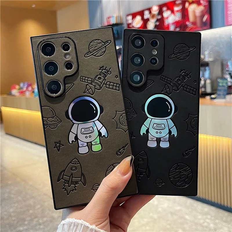 Cartoon 3D Astronaut Satellite Embossing Phone Case For Samsung Galaxy S21 S22 S23 S24 Plus Ultra Cute Anime Fur Cover