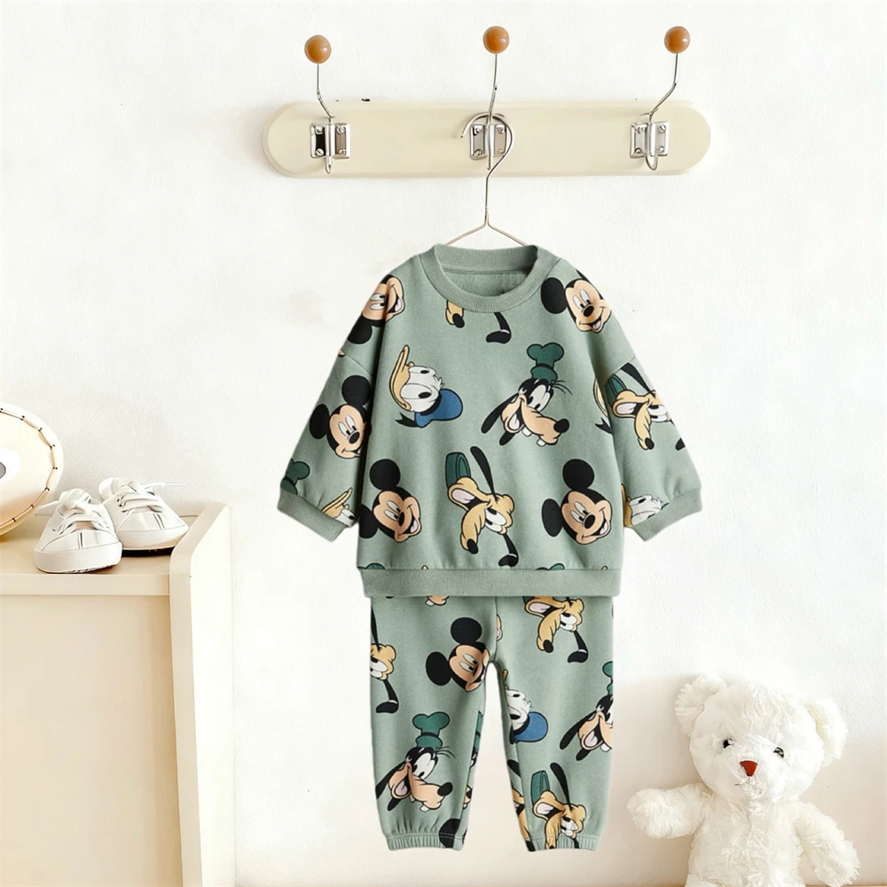 بدلات مطبوعة بالكامل للبنين والبنات بلوزات كرتونية + سراويل 2 قطعة أزياء الخريف للأطفال ميني ميكي ملابس لطيفة بأكمام طويلة