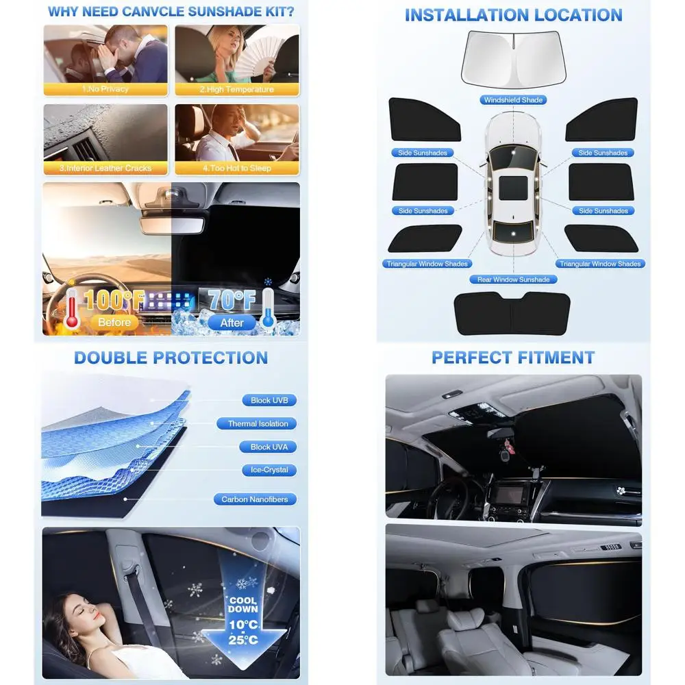 

Black 8-Piece Sunshade Set for 2021-2026 GMC Yukon XL & Chevy Suburban - Windshield, Side & Rear Window Covers for Privacy & Coo