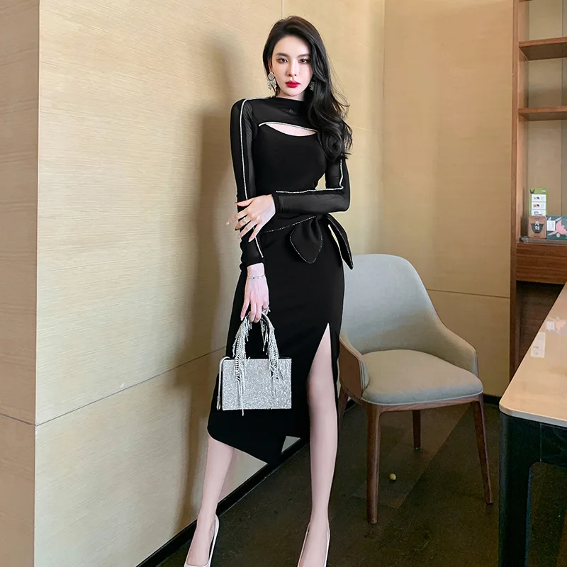 Autumn New Women's Light And Mature Style Design Sense, Lace-up With Diamonds, Split Fork, High Waist And Thin Hip Skirt