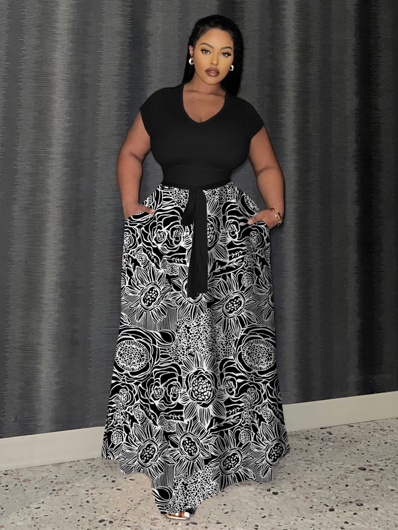 Lw Basics Plus Size Jurk Bloemenprint Bandage Ontwerp Een Lijn Jurk Zomer Korte Mouw Maxi Jurk Elegante Mode Losse Jurk