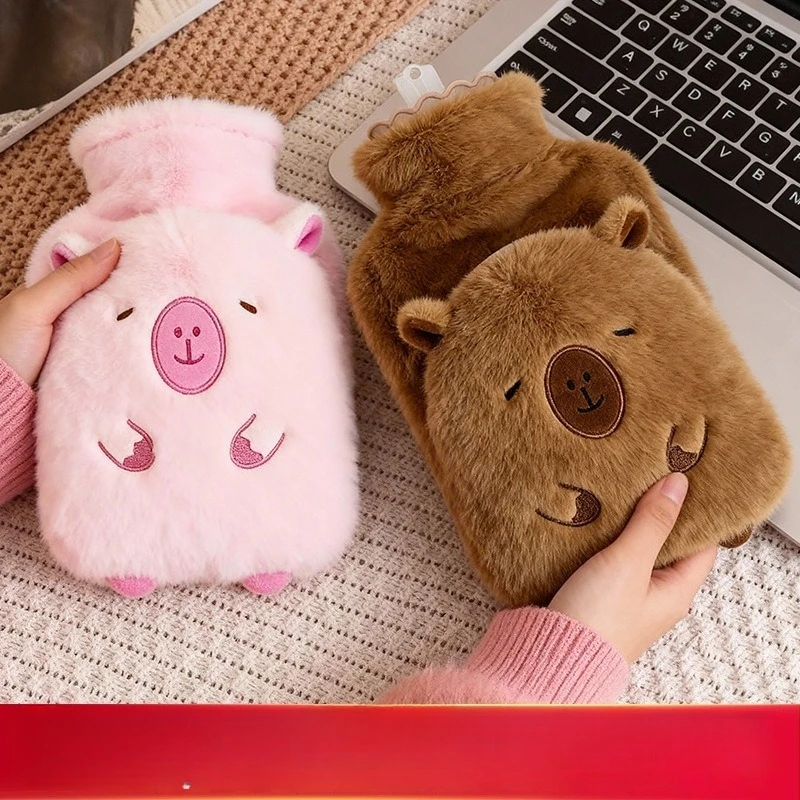 

Plush Heated Water Bottle Double Hand Insertion Cartoon Capybara Faux Leather Fillable Warm Bedding Hot Water Bag
