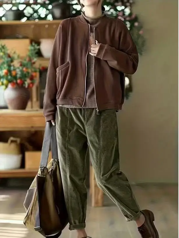 High Waist Corduroy Harlan Pants Unique Fashionable One Piece Long Trousers for Casual Wear