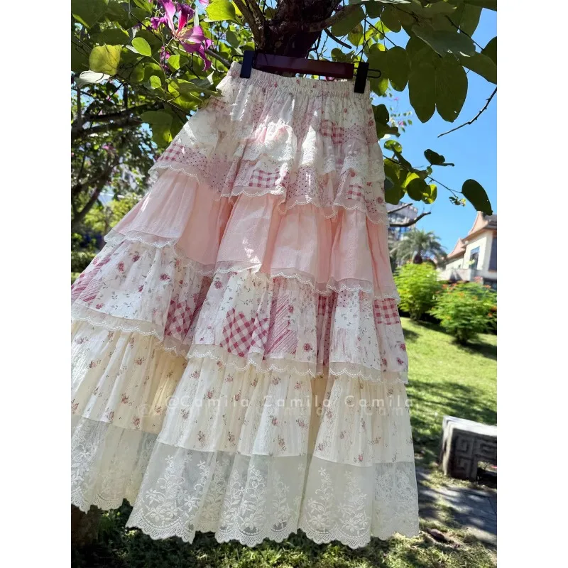 Vintage Kawaii Mori Girl Lolita Multi-Layer Ruffle Tiered Maxi Skirt Sweet Cute A-Line Birthday Party Pink Long Skirts for Women