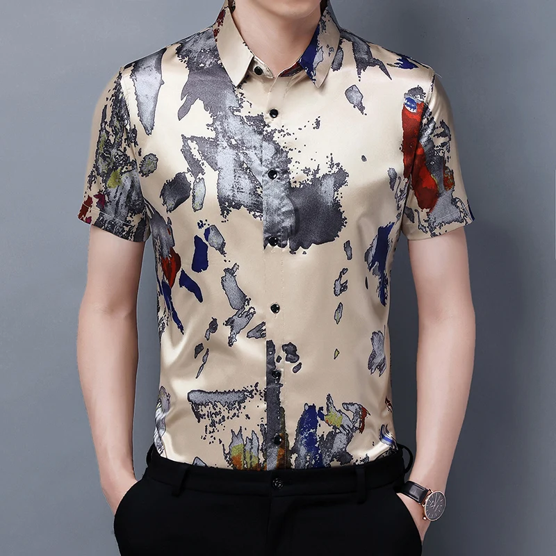 

2022 Floral Printed Satin Shirts For Mens Summer Cozy Smooth Silk Blouse Large Size Fashionable Dress Shirts Husband Business