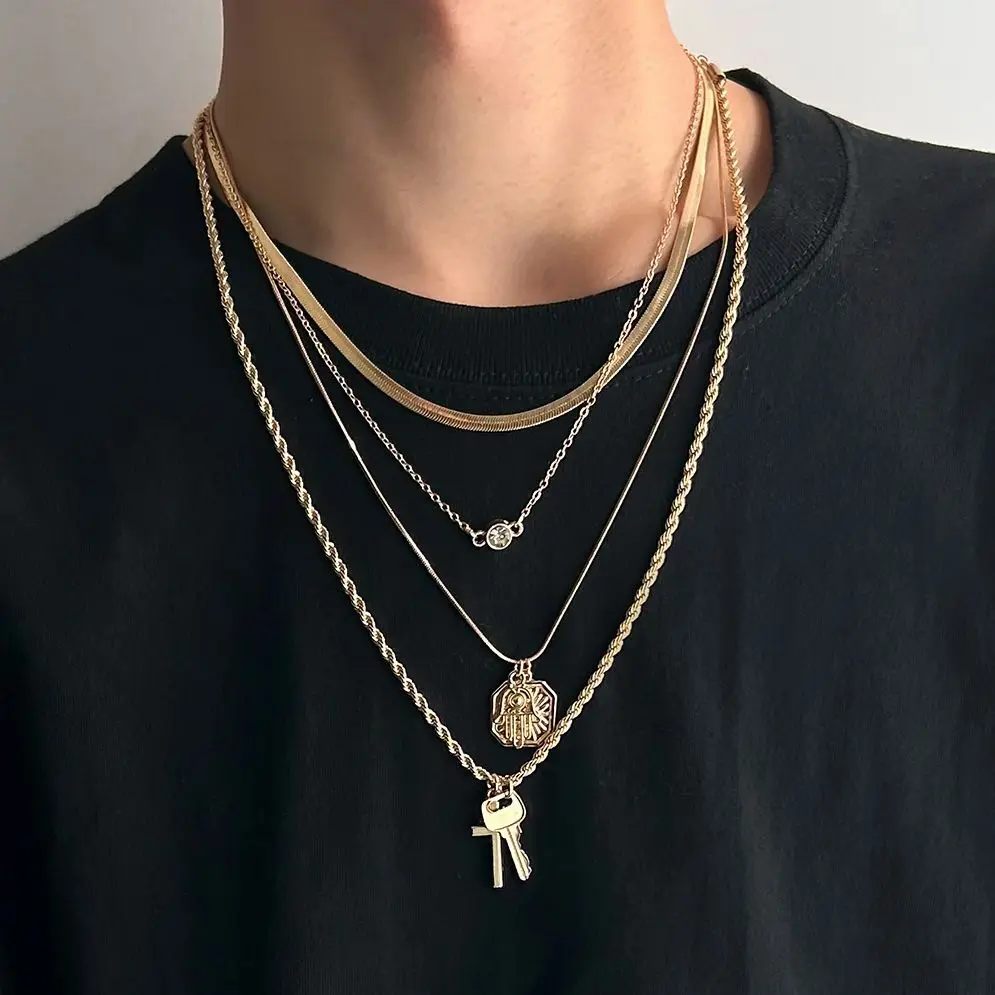 

PuRui Trendy 4Pcs/Set Gold Color Thin Chain Flat Snake Chain Open Adjustable Necklace for Women Key Cross Palm Pendant Jewelry