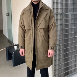 Chaqueta de traje largo de dos piezas de imitación para hombre, abrigo cálido informal de negocios de moda de estilo coreano para invierno