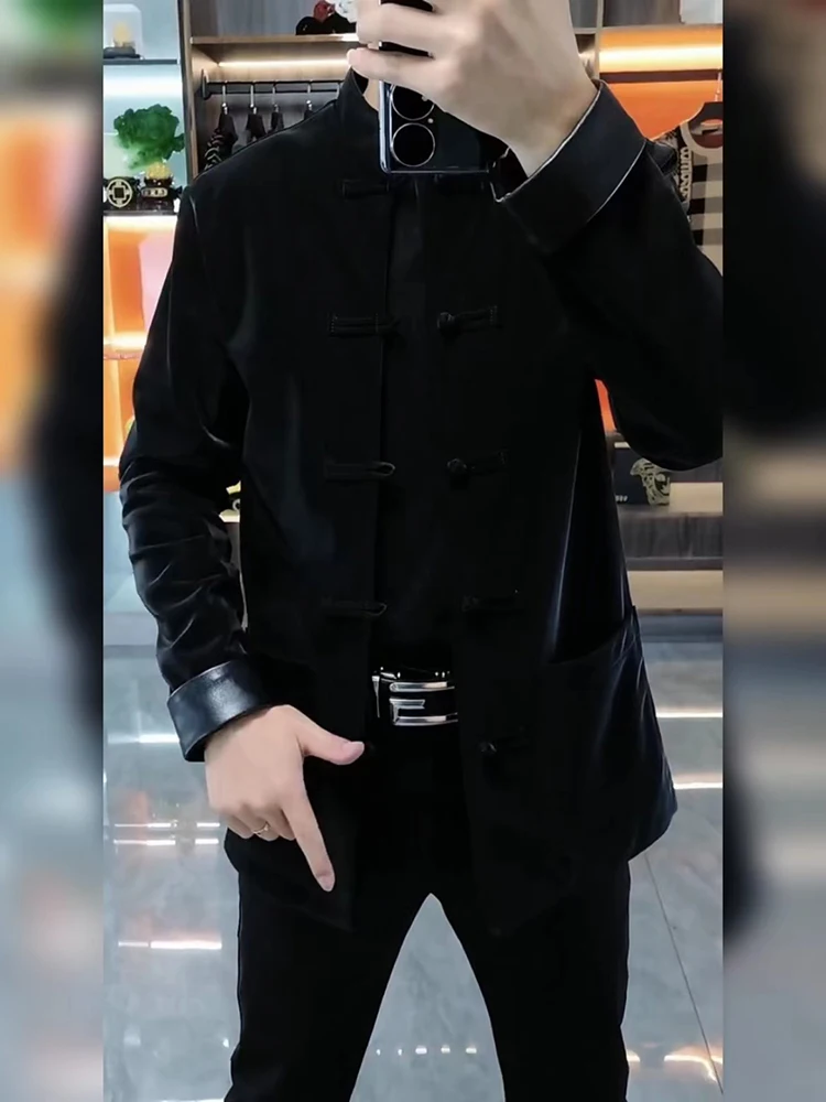 

Bla Stand Collar Patchwork Leather Men's Jaet Spring Faion Windbreaker Single Button Closure Long Sve Slim Fit Coat