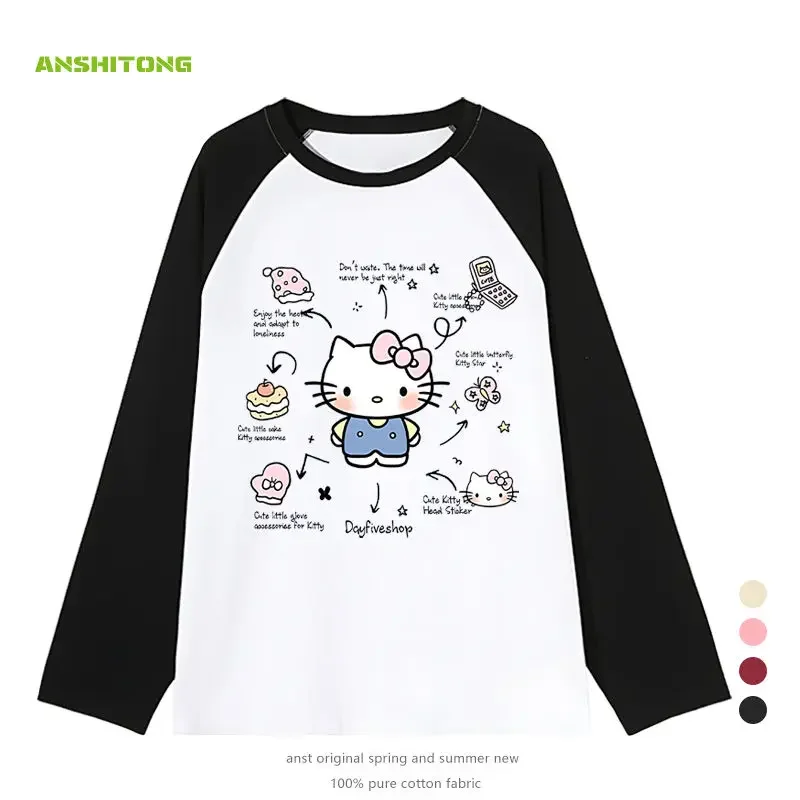 Sanrio HelloKitty Cotton Special Shirt Women's Long Sleeve Spring and Autumn Loose Casual Base Layer Cute Inner Layer Girl Top