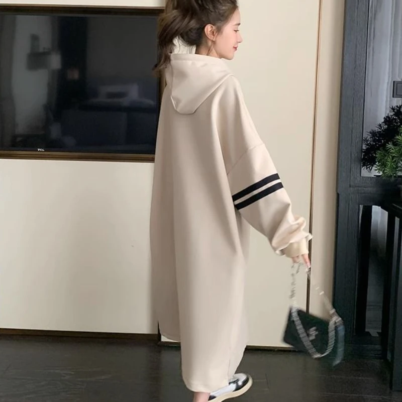 Hooded Midi Dresses Women Letter Casual Straight Loose Personality Japanese Style Y2k Simple Girls Fashion All-match Streetwear